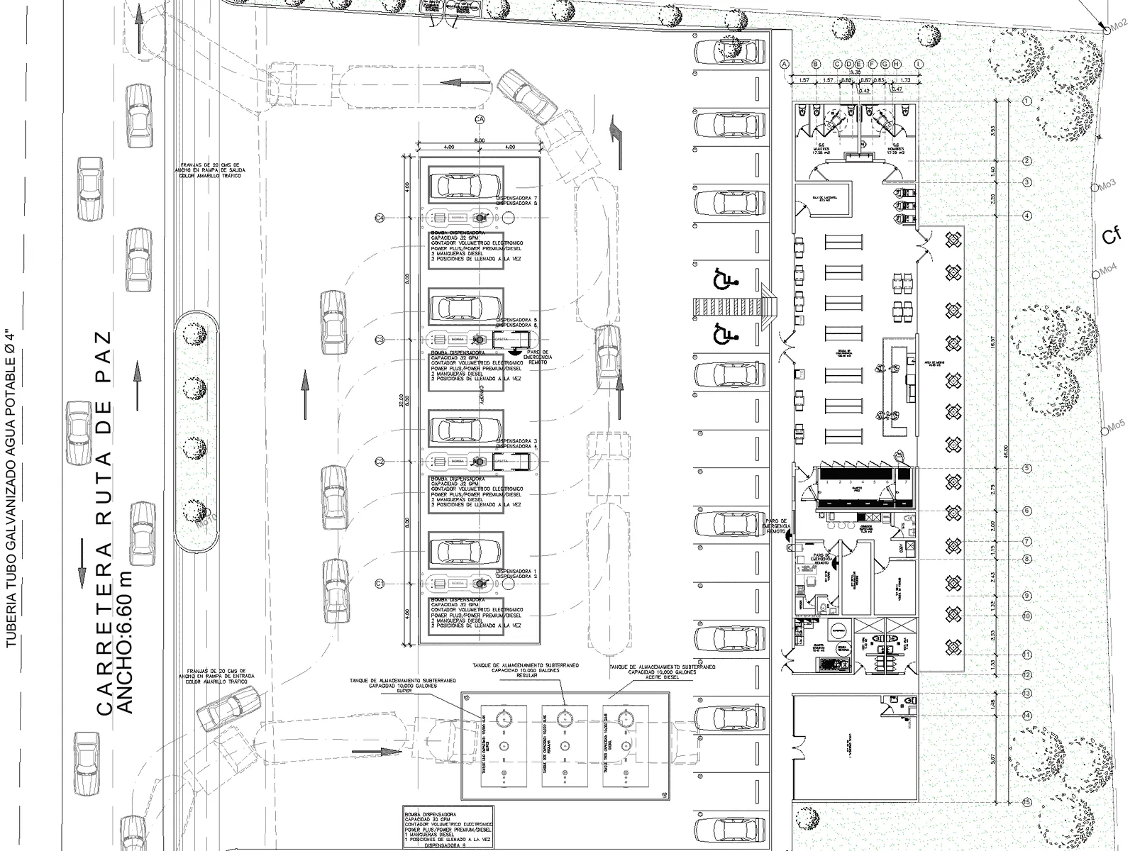 Planta de conjunto: isla de despacho, tienda y patio de tanques.